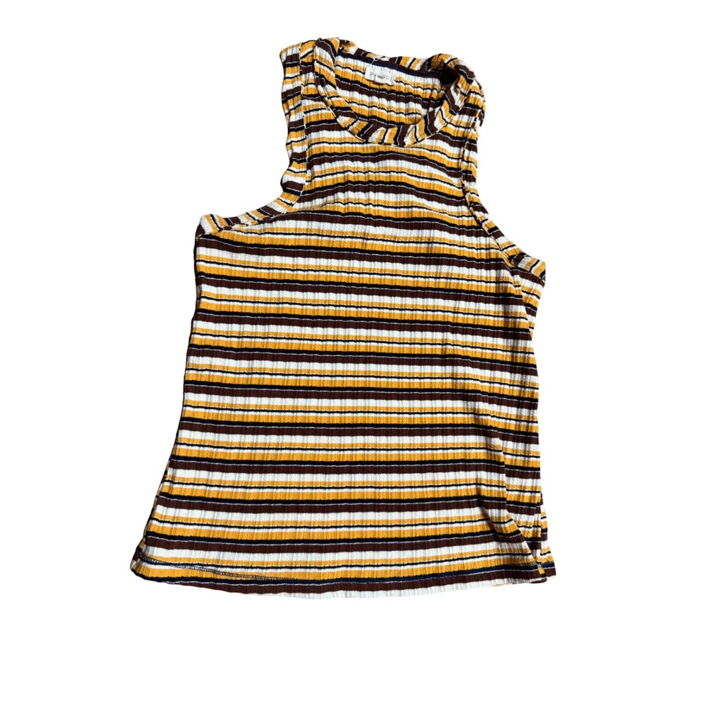 Pilcro Anthropologie Striped Ribbed High Neck Tank Top Mustard Brown White M